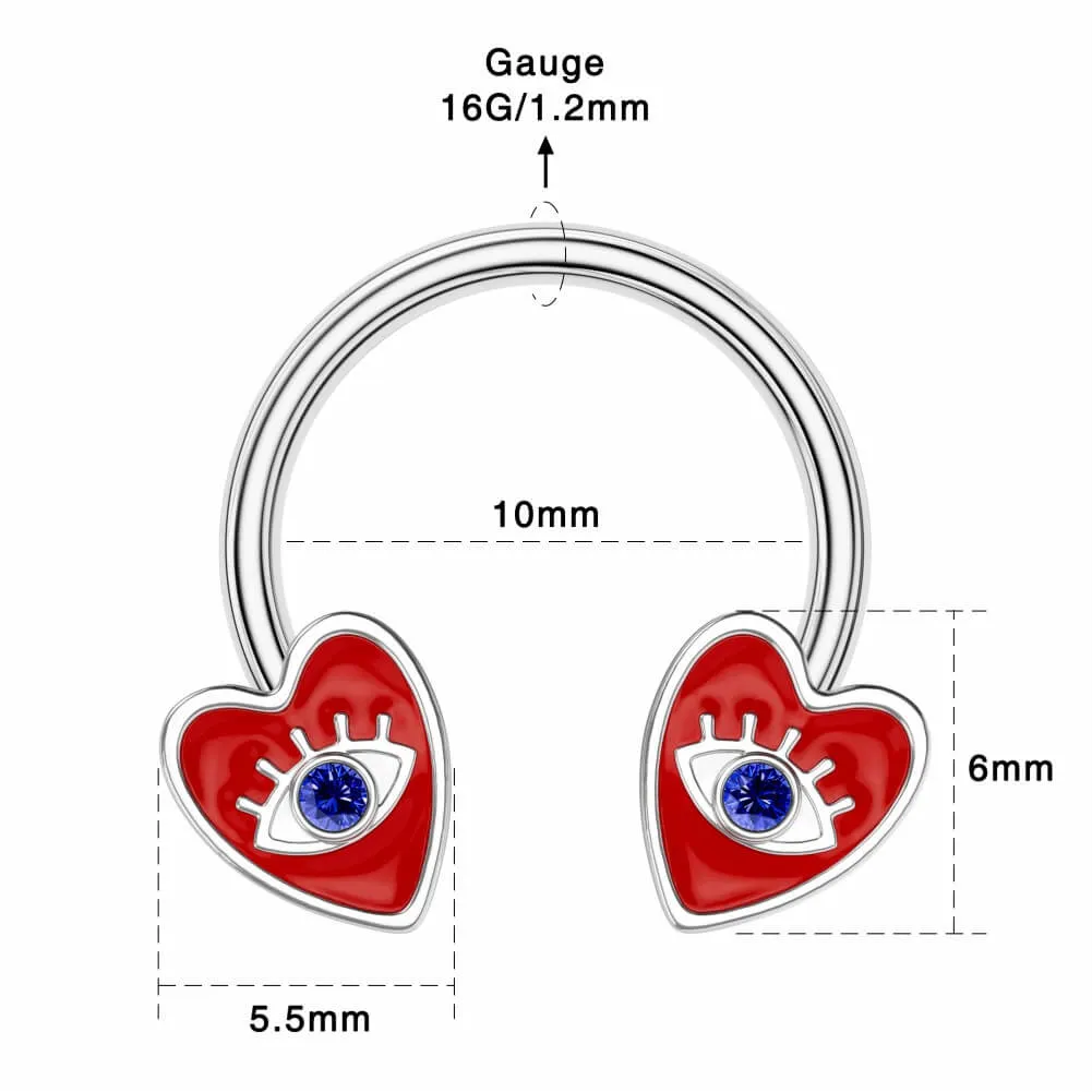 16G Red Heart Septum Ring Evil Eye Horseshoe Ring