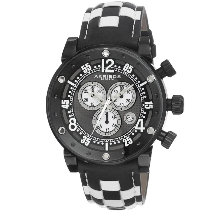 Akribos Xxiv Explorer Chronograph Steel Black and White Checkered Leather Strap Watch AK612BK