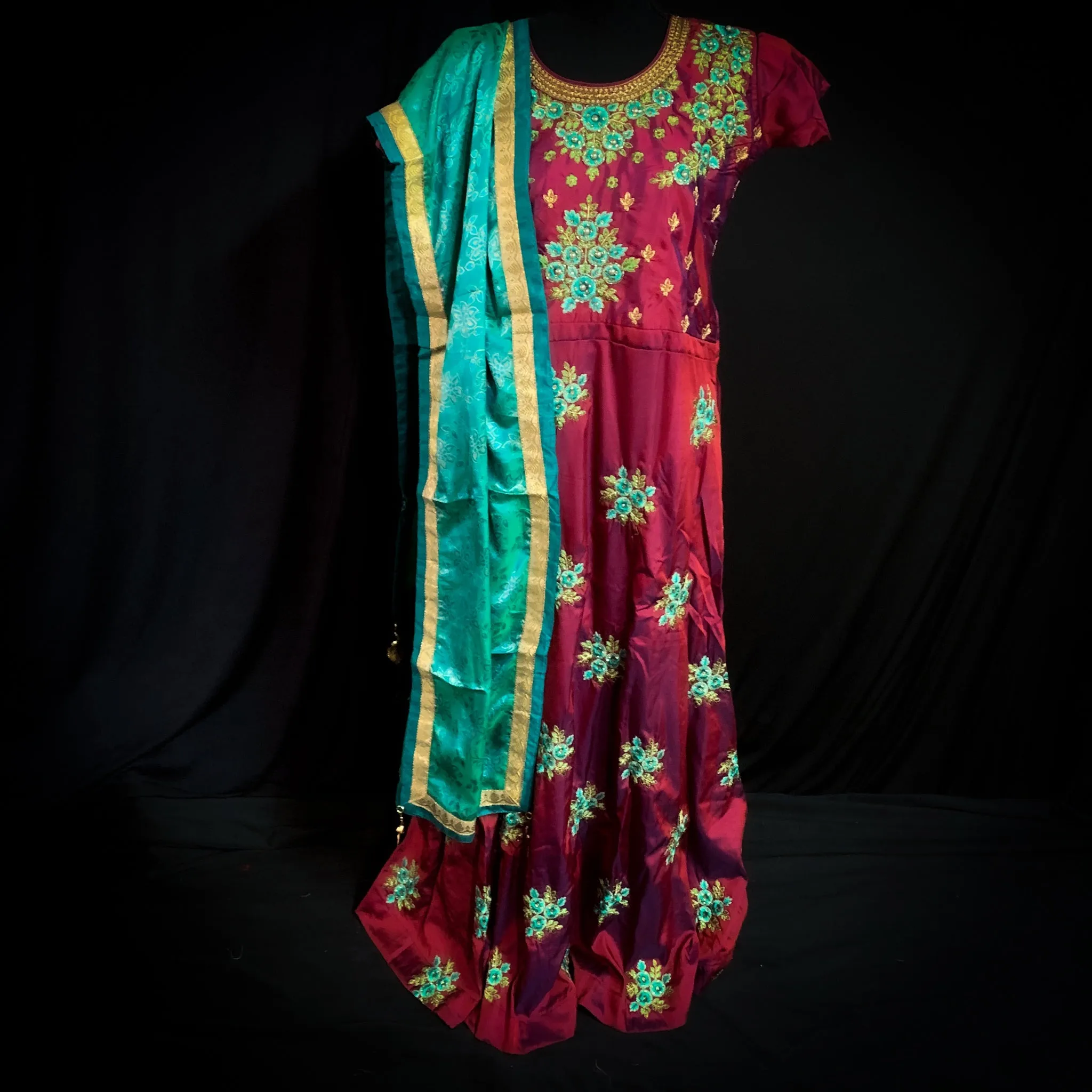 Attractive Maroon Salwar Suit with Blue and Green Floral Embroidery Work