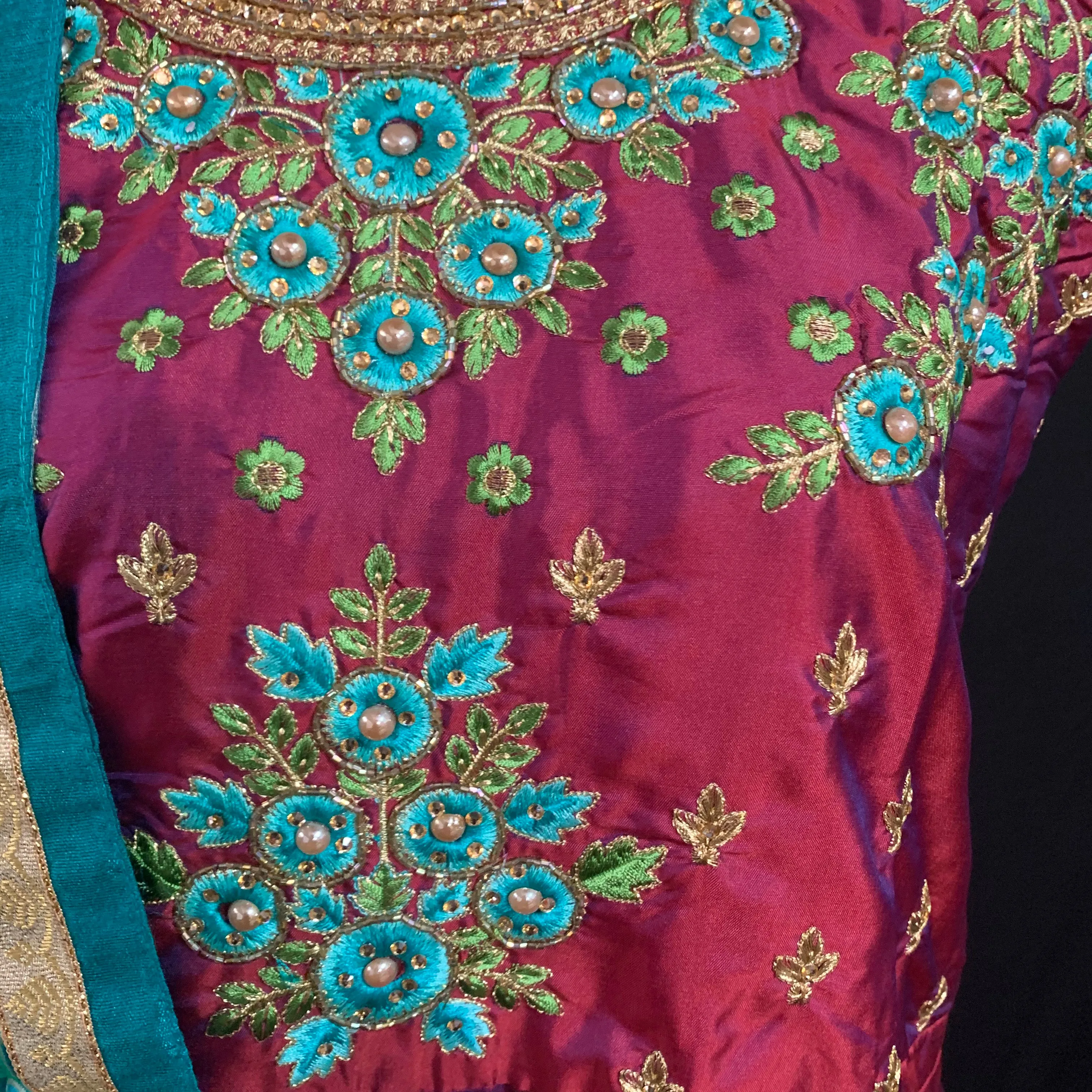 Attractive Maroon Salwar Suit with Blue and Green Floral Embroidery Work