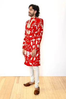 BRIJ Red and White Wedding Sherwani