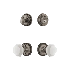 Classic Rosette Entry Set with White Waldorf Crystal Knob in Antique Pewter