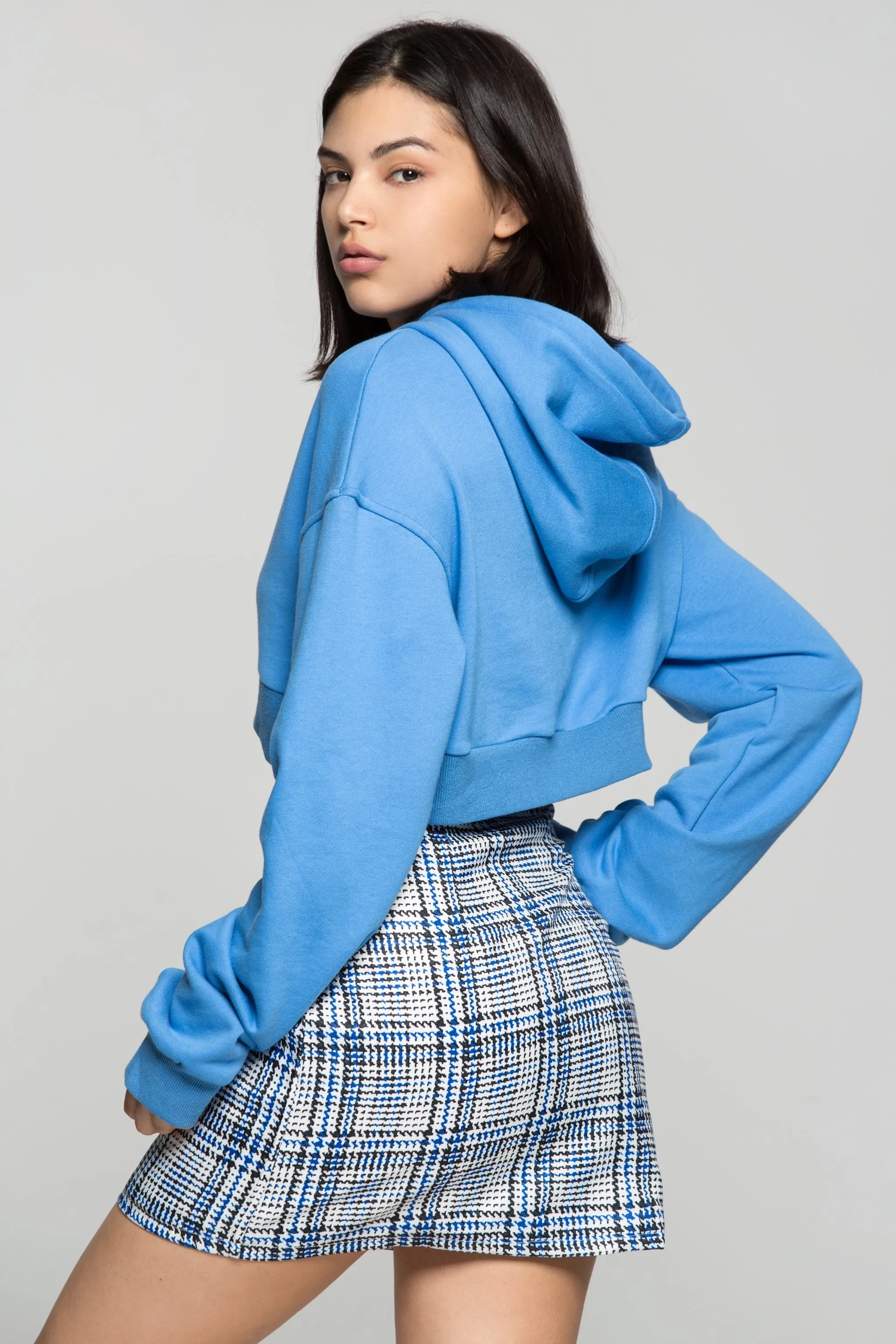 Crayola Blue Drawstring Hooded Crop Jacket with Blue and White Check Print Zip Up Skirt Set