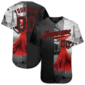 Custom Black Black-Red 3D Pattern Design A Girl With The Eiffel Tower Authentic Baseball Jersey