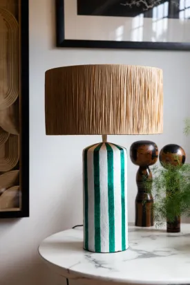 Deep Green & Off White Stripe Paper Mache Table Lamp