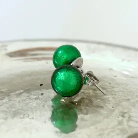 Earrings with dark green (emerald) Murano glass sphere studs on surgical steel posts