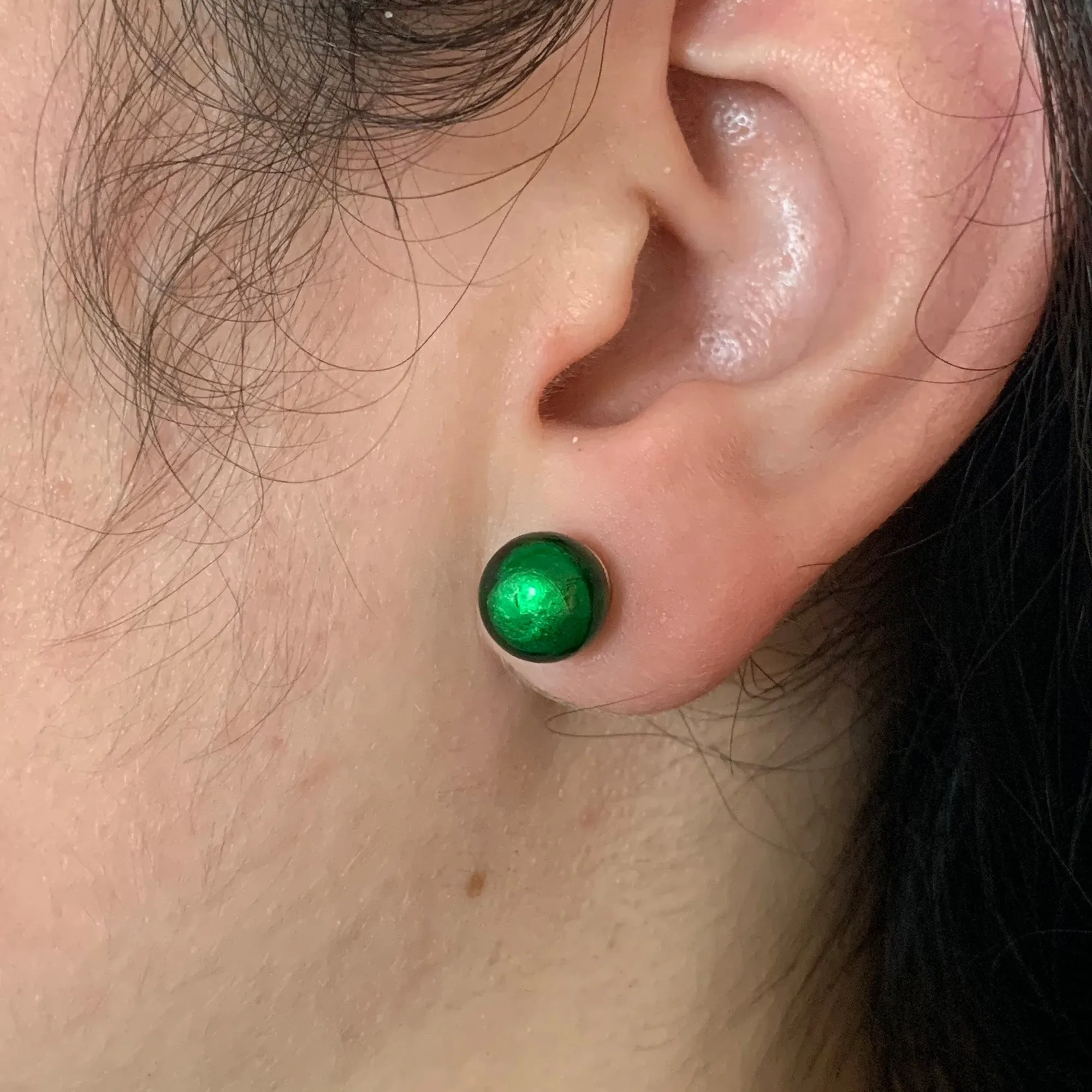 Earrings with dark green (emerald) Murano glass sphere studs on surgical steel posts