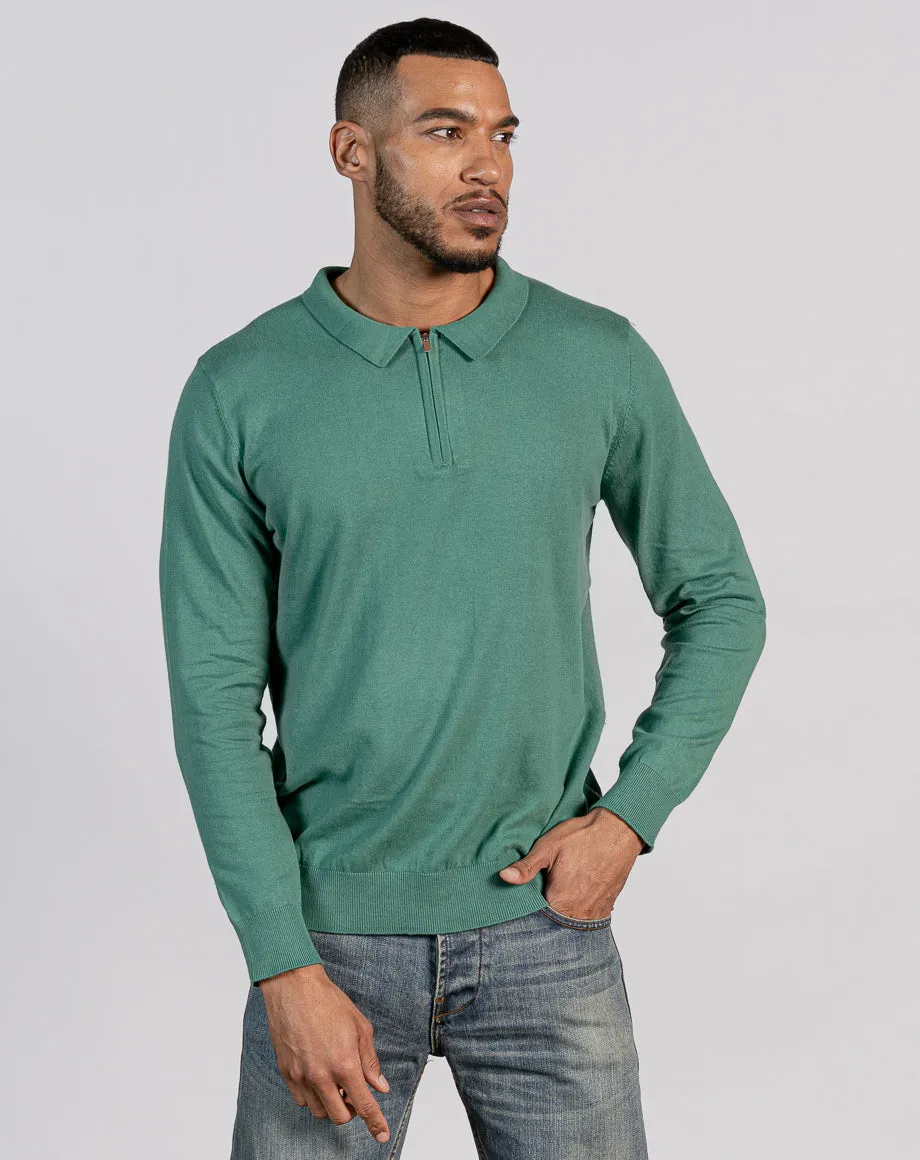 ESSENTIAL LONG SLEEVE ZIPPED POLO TOP - AQUA