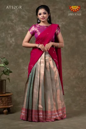 Girls Green Silver Fenze Half Saree | Langa Davani