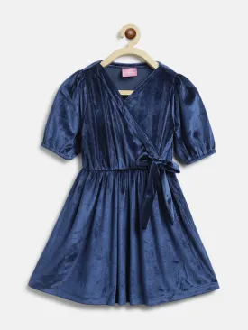 Girls Navy Blue Polyester Elbow Sleeve Flared Fit Solid Dress