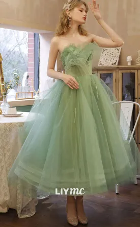 LP1889 - Green Sweetheart Neck Tea Length Tulle Prom Dresses, Short Green Sweet 16