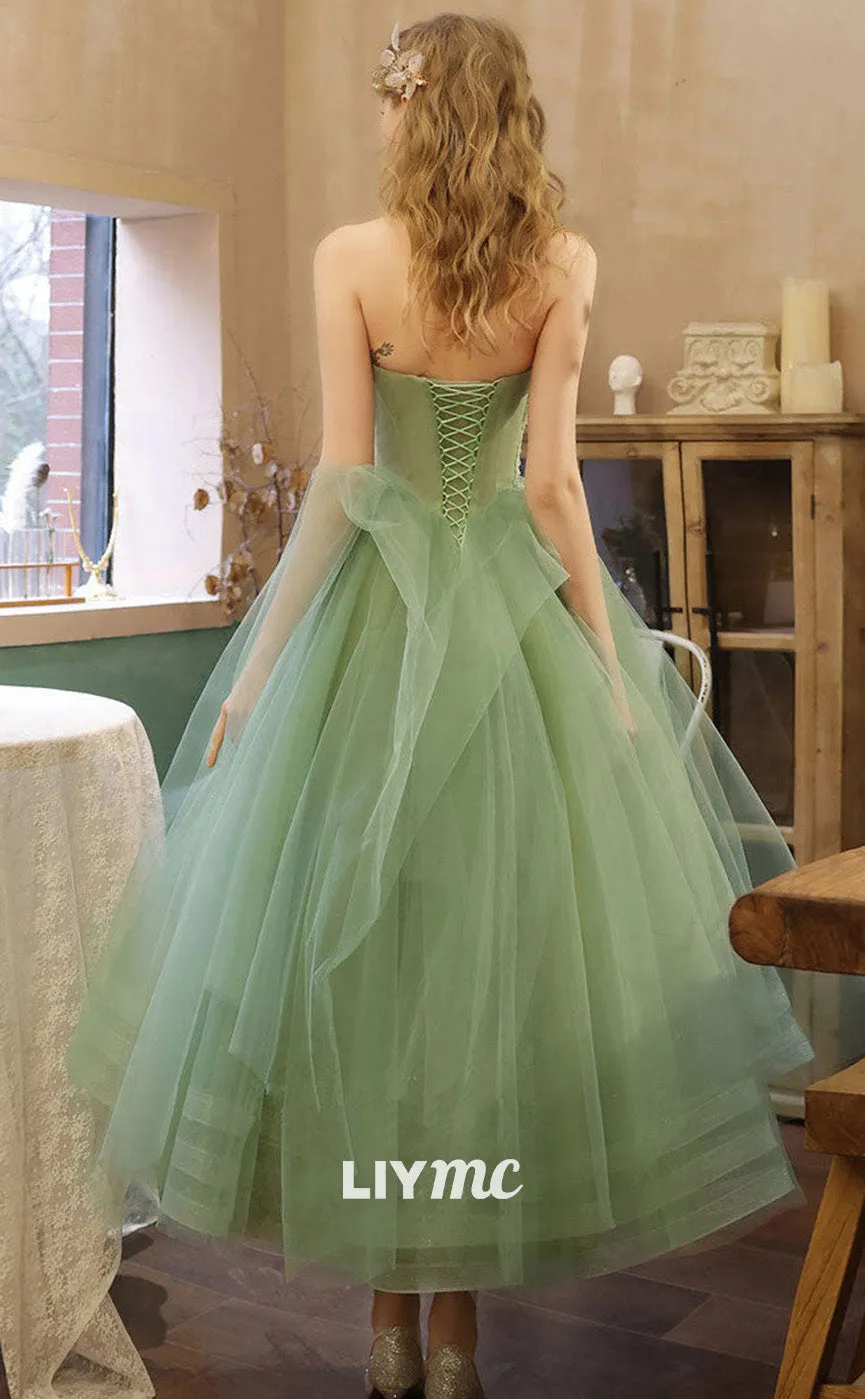 LP1889 - Green Sweetheart Neck Tea Length Tulle Prom Dresses, Short Green Sweet 16