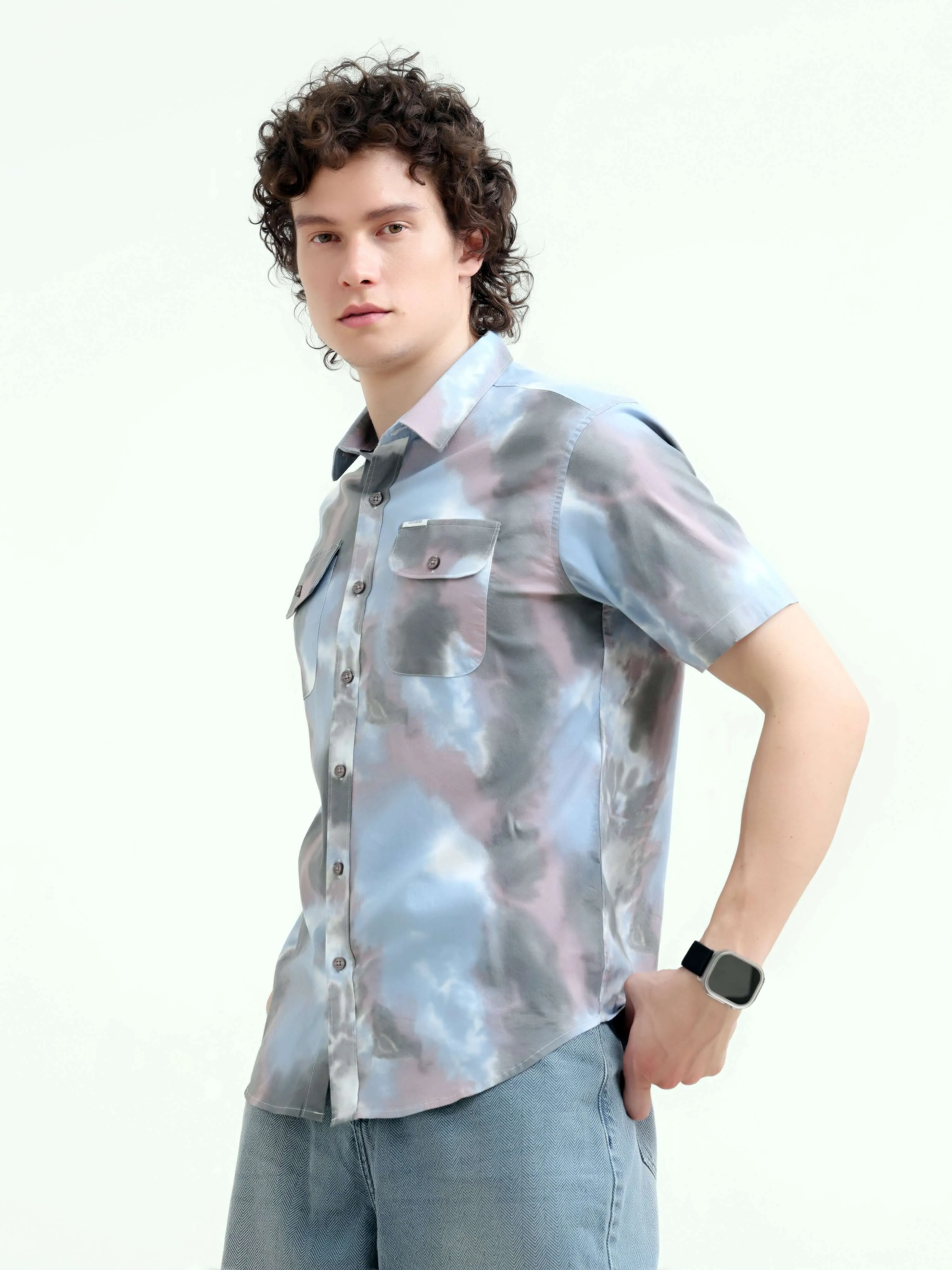 Plushy pastel blue water colour printed shirt