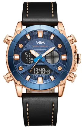 V2A Ultra Blue Gold Alloy Case Genuine Leather Band Analog Digital Fashion Watch for Men Latest Men’s Watch | Gifts for Men | Gift for Brother | Gift for Husband | Birthday Gifts