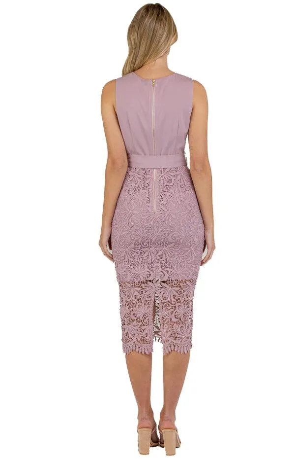 Women's Mauve V-Neckline Lace Dress with Belt Detail