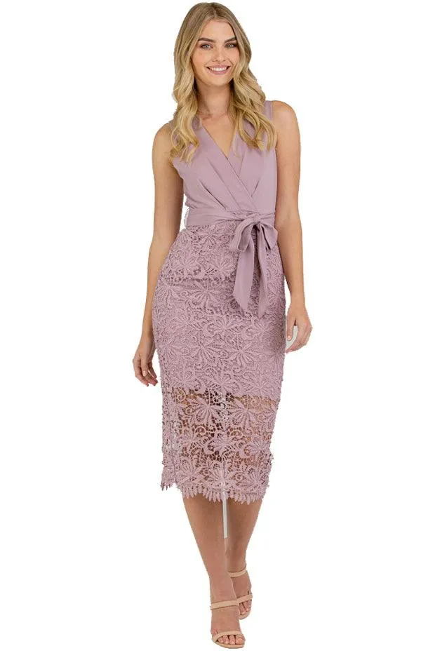 Women's Mauve V-Neckline Lace Dress with Belt Detail